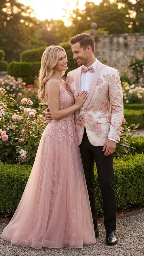 Men's pink floral jacquard blazer. Features embellished shawl lapel, fitted silhouette, and varying pink floral patterns on a light background.