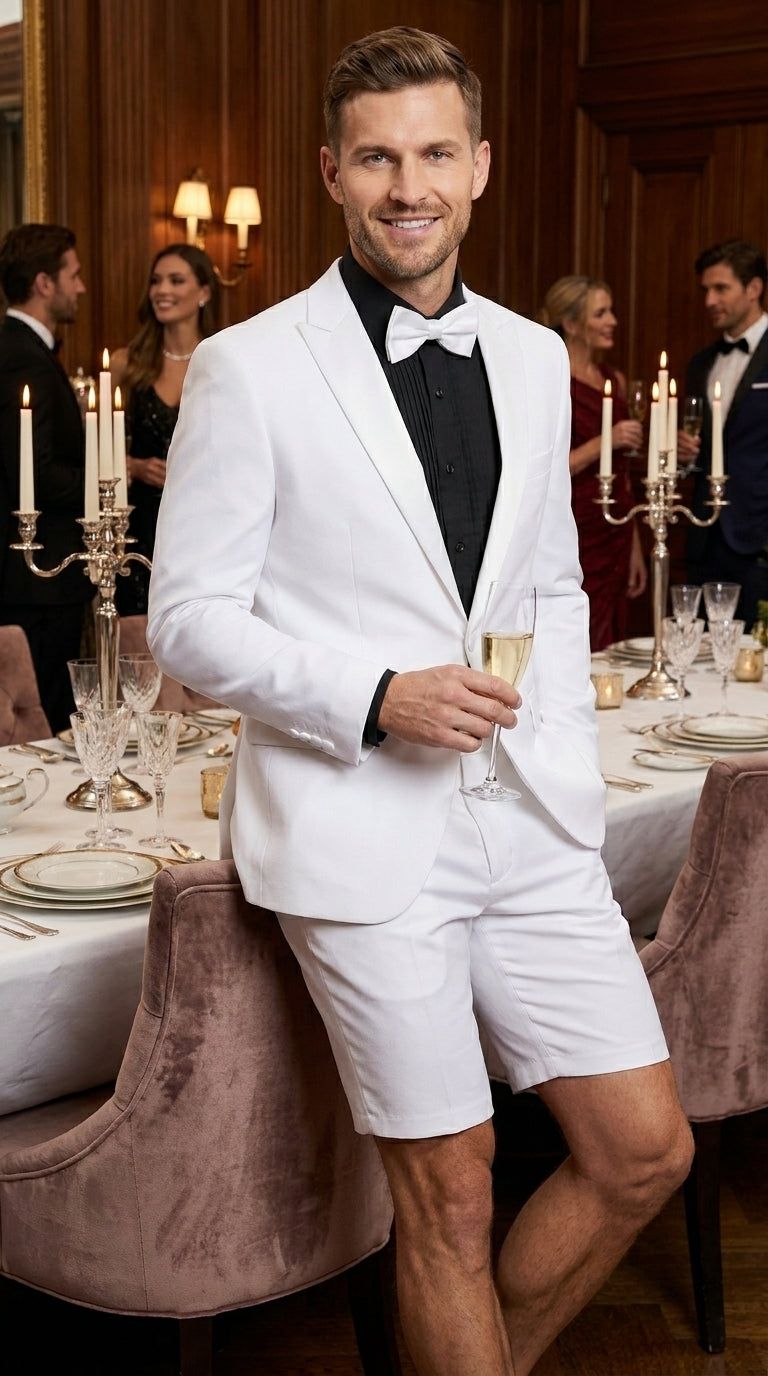 Men’s White Tuxedo Suit with Shorts – Modern Formal Blazer and Short Pants Set for Wedding, Prom Summer Fabric