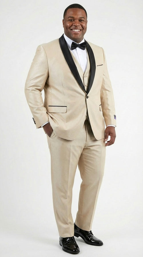 Men’s Champagne Beige Shiny Tuxedo 3 Piece Suit with Black Shawl Lapel | Formal Wedding Prom Suit Set in Sand Light Tan Color