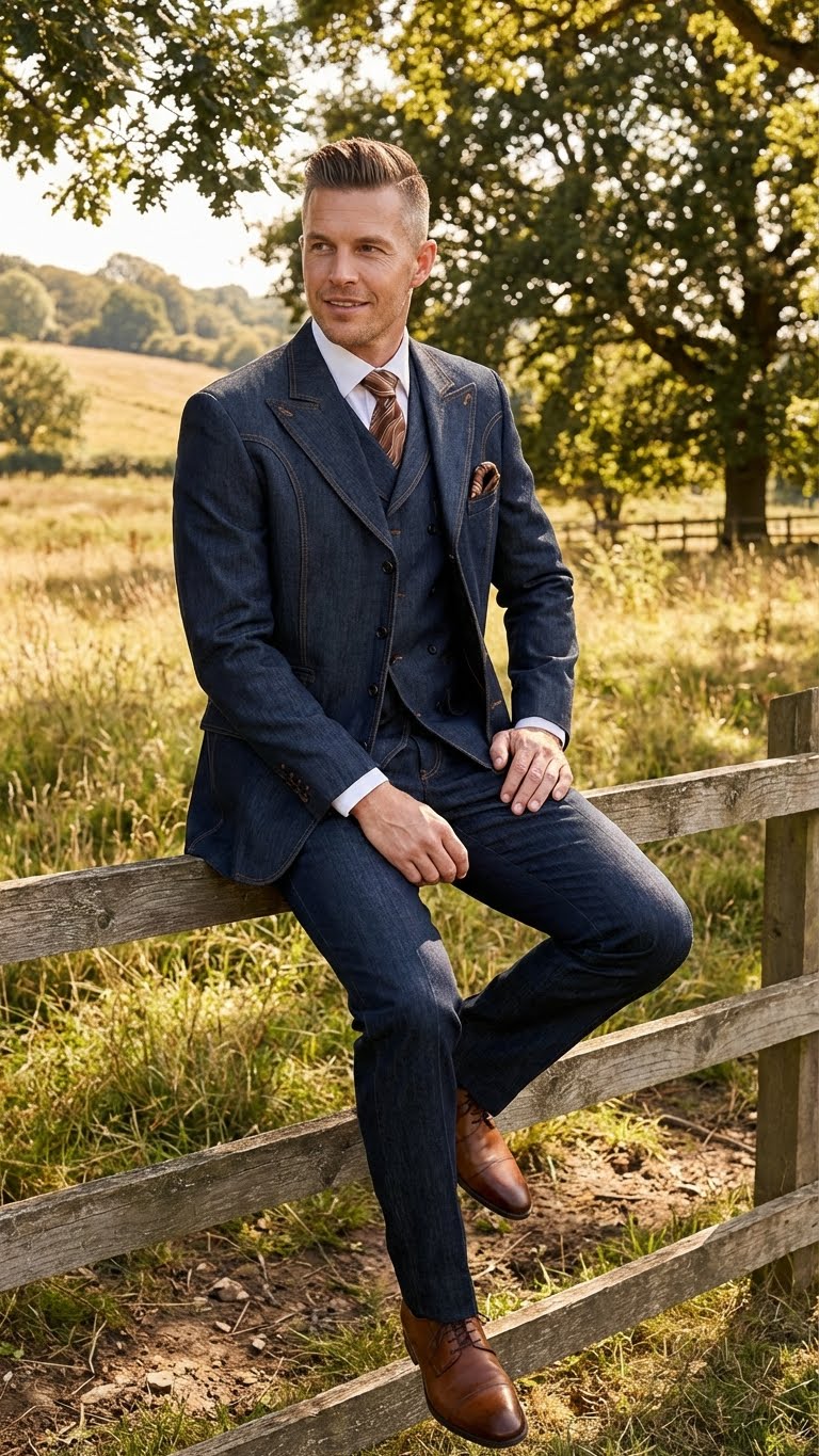 Mens Dark Denim Blue Fabric Suit Classic Three Piece Denim Suit for Wedding, Party and Formal Events