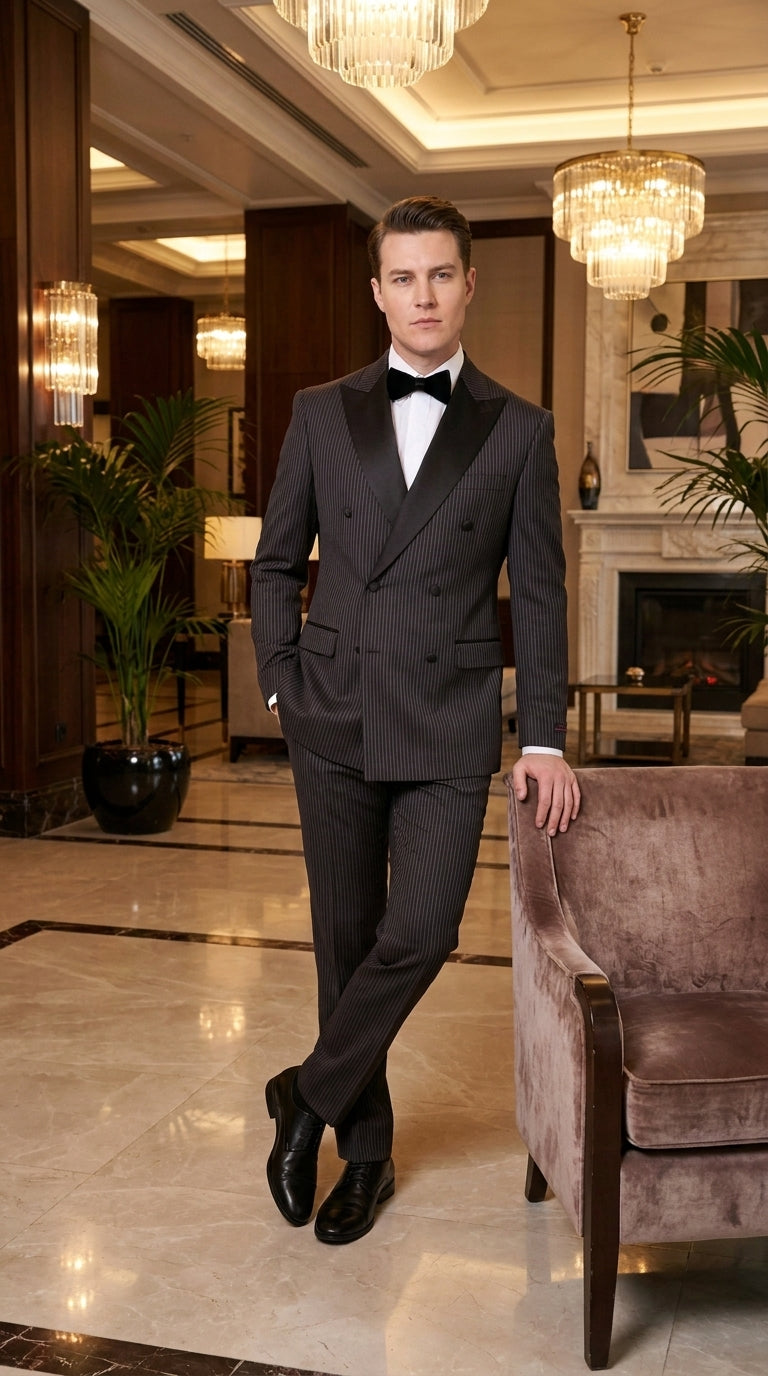 Men’s Black Shadow Pinstripe Double-Breasted Tuxedo Tone on Tone Formal Wedding Suit Modern Fit 1920s Style