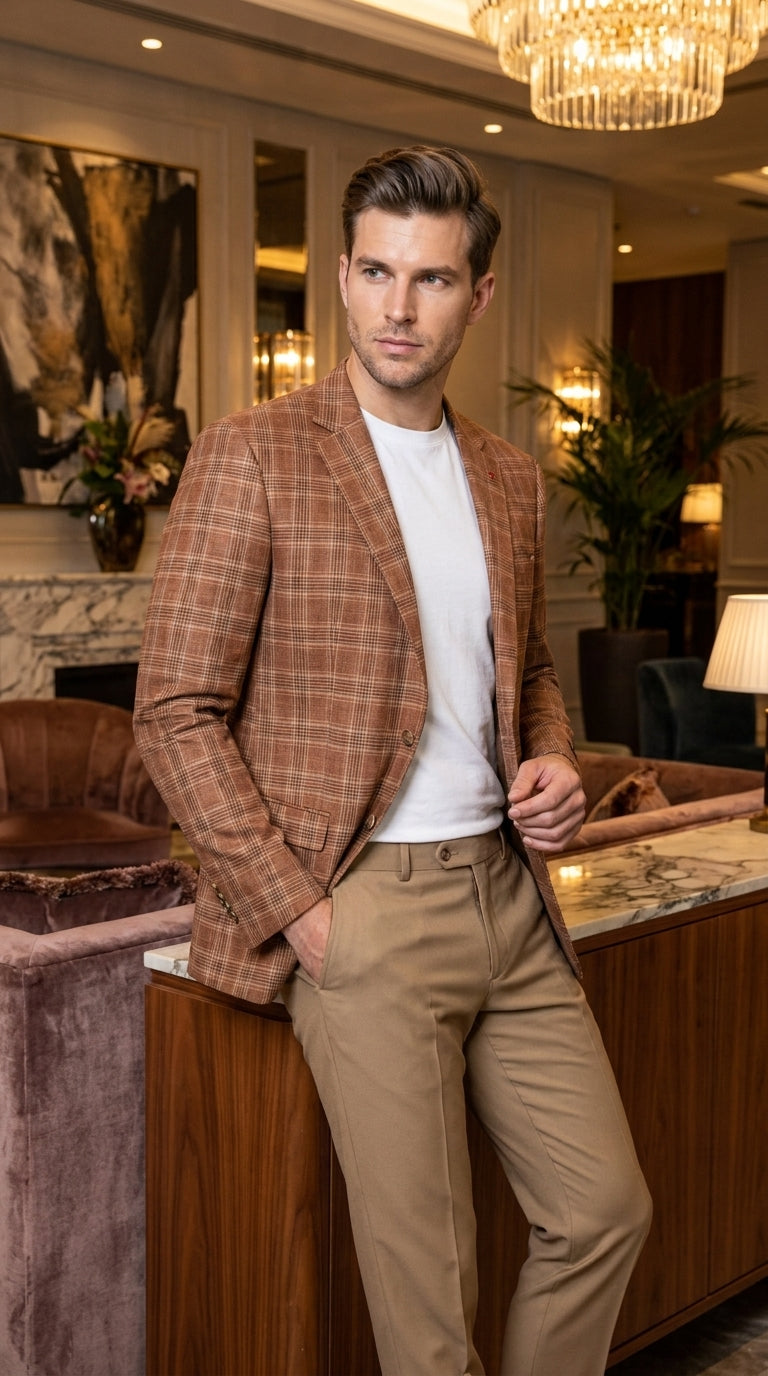 Vitali Men’s Rust Copper Brown Plaid Blazer with Tan Pants – Classic Windowpane, Business and Smart-Casual Birck color Suit
