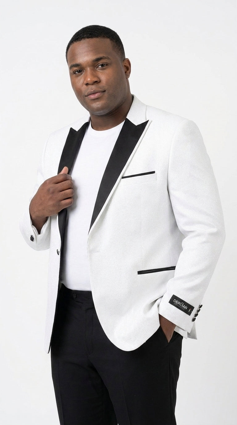 Men's White Sparkle Dinner Jacket – Black Satin Shawl Lapel Tuxedo Blazer Slim Fit Sequin Shiny Prom Jacket