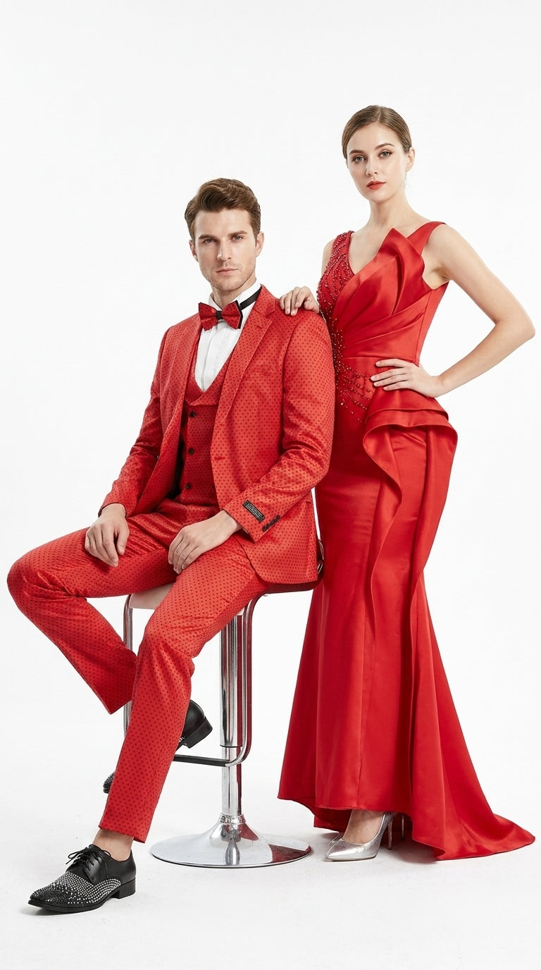 Tazio Men’s Cherry Red and Black Polka-Dot 3-Piece Suit – Skinny Fit Prom, Wedding and Party Suit or Tuxedo