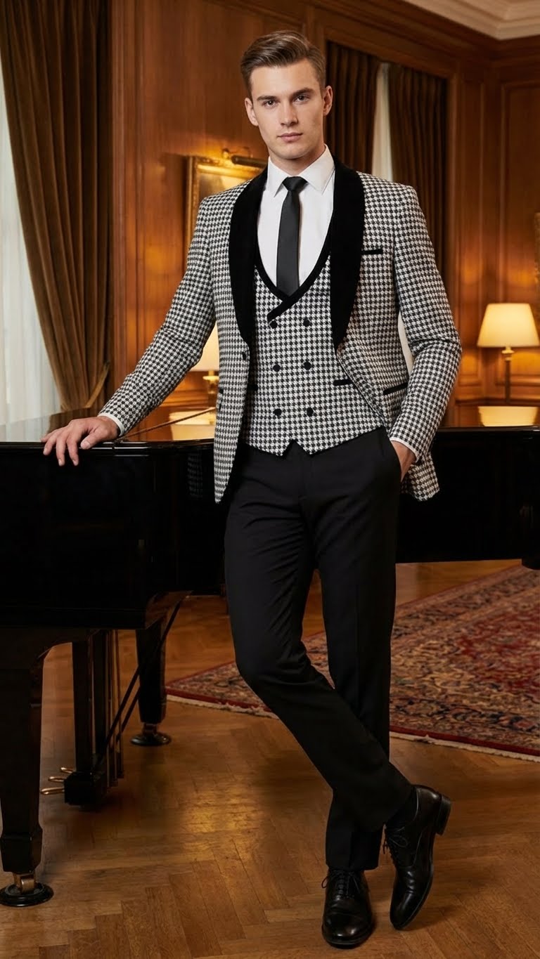 Men's houndstooth tuxedo set: double-breasted jacket w/ velvet lapels, black trousers, and tie. Patterned jacket, smooth trousers. Classic black & white formal wear.