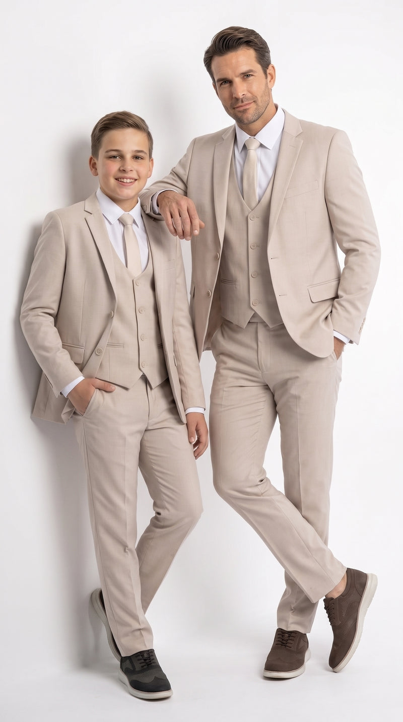 Dad & Son Matching Beige 3-Piece Suits ā Father and Son Wedding Formal Suits in Tan Color