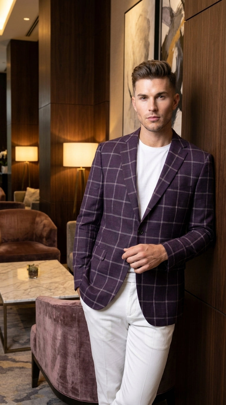 Men's Purple Windowpane Sport Coat ā Classic Fit Plaid Blazer Jacket for Business, Wedding & Casual Wear