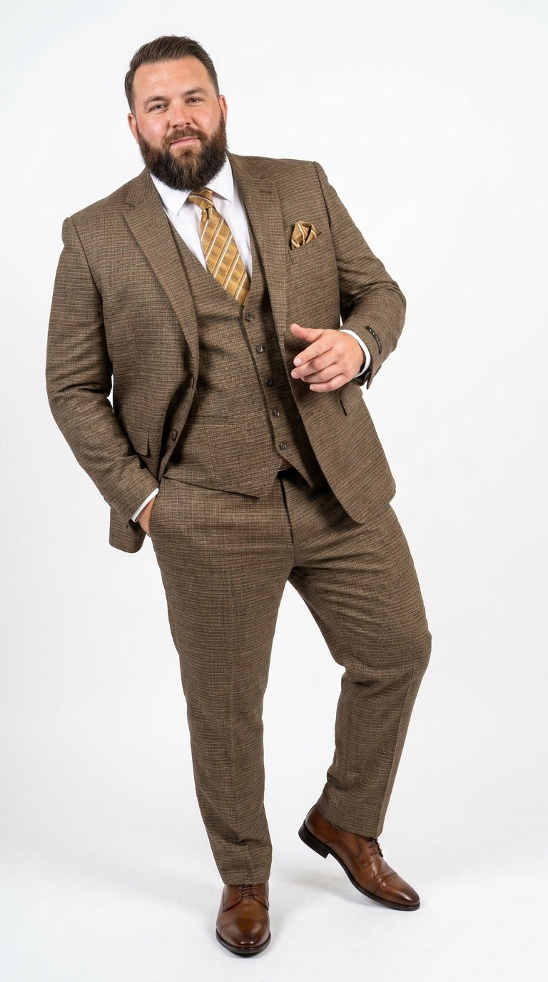Men's Great Gatsby Brown Checker Plaid Texture 3-Piece Suit ā Classic Fit Business, Wedding & Formal Suit Set - Victorian style 1920s