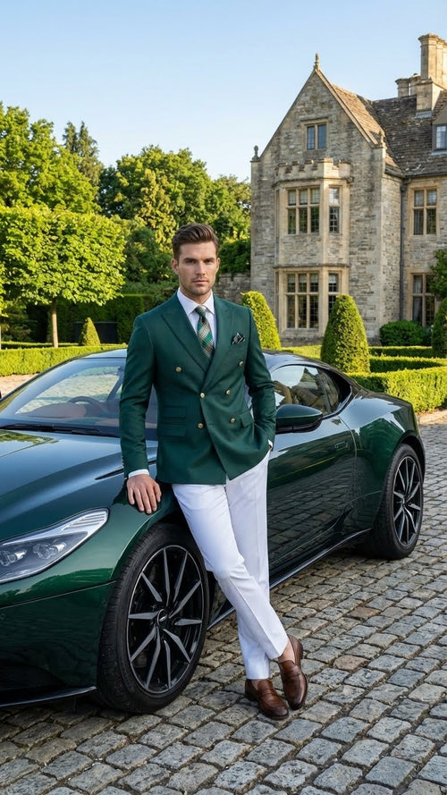 Men’s dark green double-breasted blazer featuring a tailored fit, prominent lapels, and gold buttons, constructed from a smooth fabric with a slight sheen.