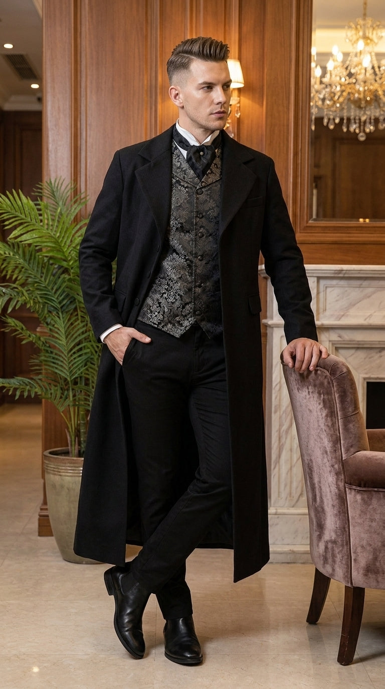 Menās Matrix Neo Inspired Black Wool Duster Coat ā Long Gothic Victorian Full Length Overcoat