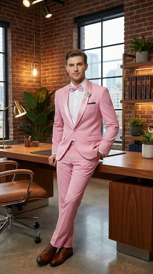 Mens Dusty Rose Pink Summer Tuxedo – Satin Shawl Lapel Formal Wedding Prom Suit