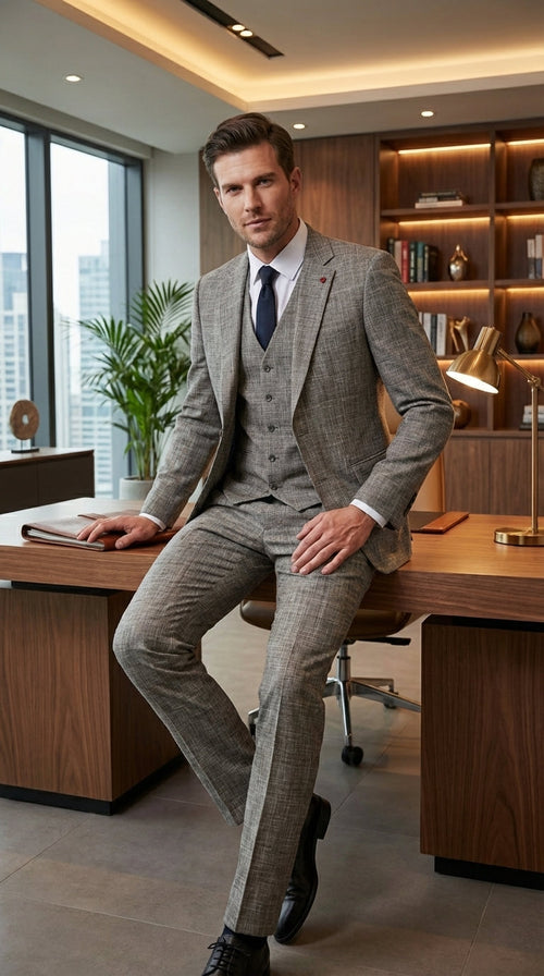 Vitali Brand Men’s Grey Textured Patterned 3 Piece Suit – Modern Fit Checkered Sharkskin with Blazer, Vest & Trousers, Business Wedding