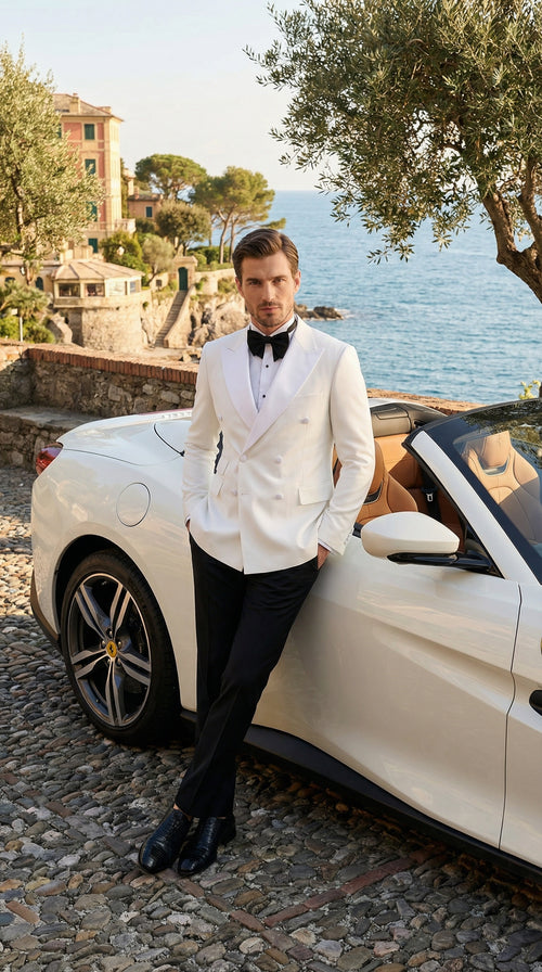Men’s White Double Breasted Dinner Jacket Blazer with Black Pants – Formal Tuxedo Style Outfit for Weddings