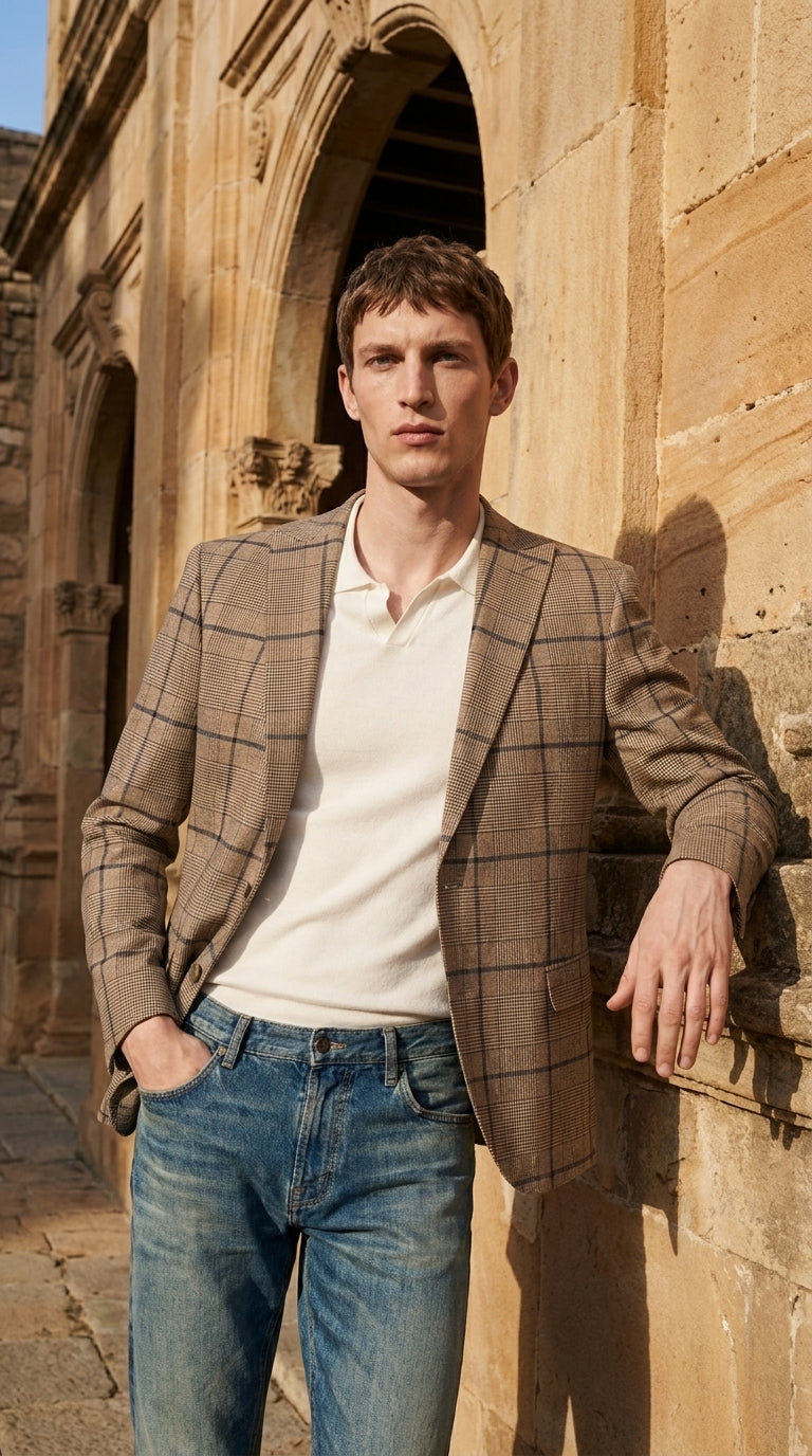 Men’s Tan Beige Peaky Blinders Glen Plaid Blazer English Style Textured Wool Winter Sport Coat Checkered Windowpane
