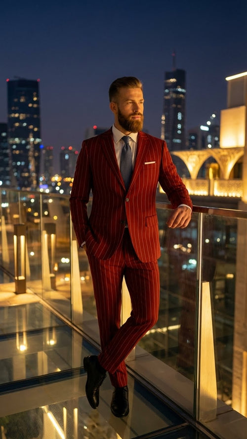 Men's red pinstripe suit: two-button, vested. Dark red with vertical white stripes. Tailored fabric.