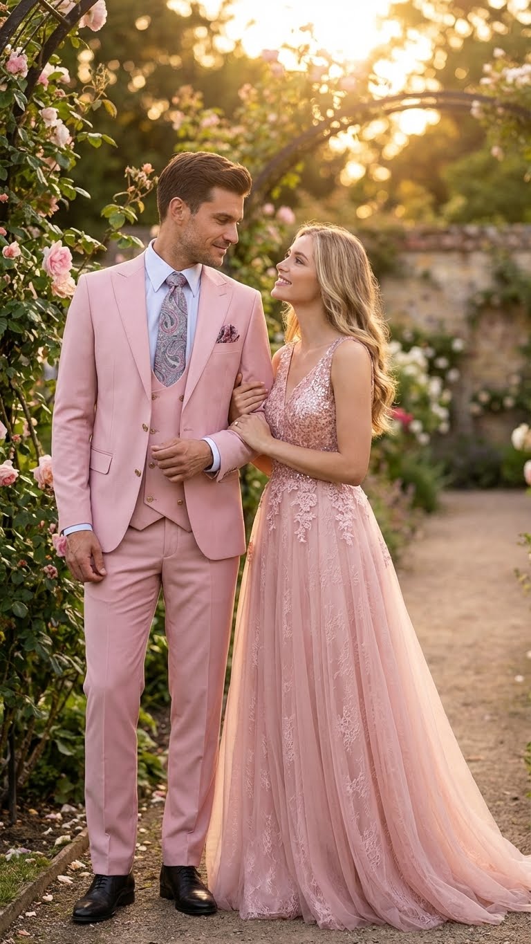 Alberto Nardoni men's blush pink three-piece suit. Fitted silhouette, gold buttons. Includes blazer, vest & trousers. Smooth texture, coordinated look.