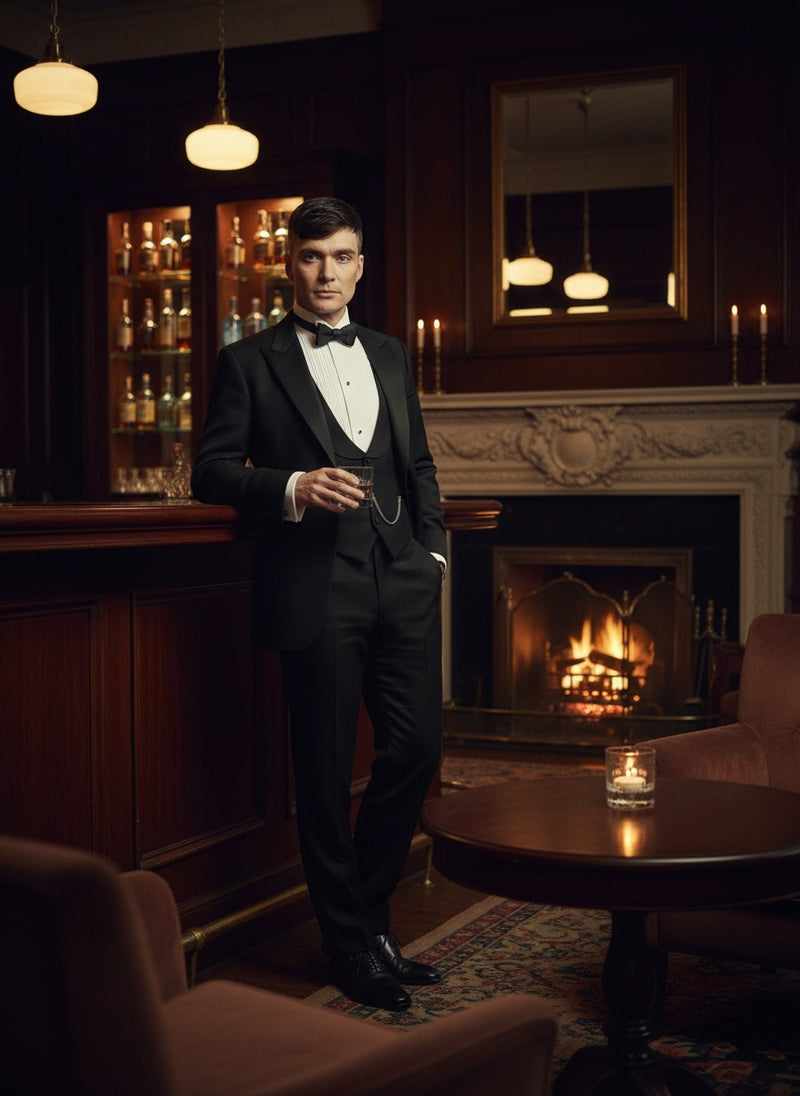 Mens Black Peaky Blinders Style Three-Piece Tuxedo Suit – Classic Formal Suit with Blazer and Waistcoat Peak Lapel 1920s Style
