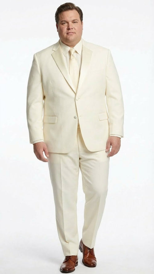Men's ivory tuxedo suit with satin notch lapel. Single-breasted jacket with two front pockets & matching trousers. Elegant formal wear.