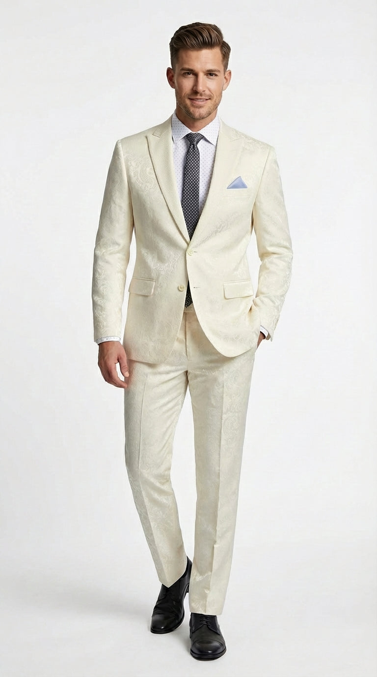 Men’s Ivory Paisley Shiny Suit – Flroal Formal Wedding and Prom Suit for Party, in Cream Off White