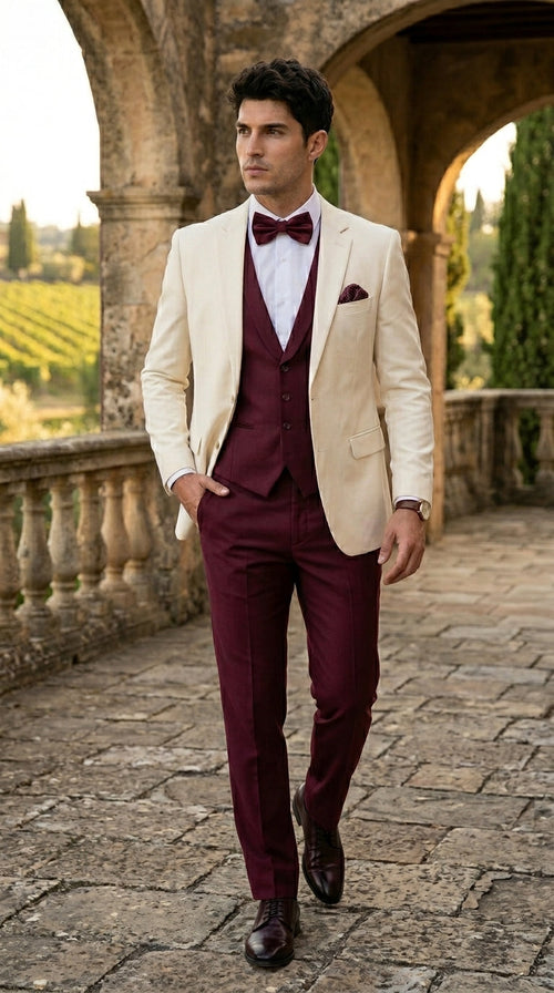 Menās Cream Ivory and Burgundy 3 Piece Tuxedo Suit, Vested Formal Wedding Prom Dinner Suit in Cream Off White Color