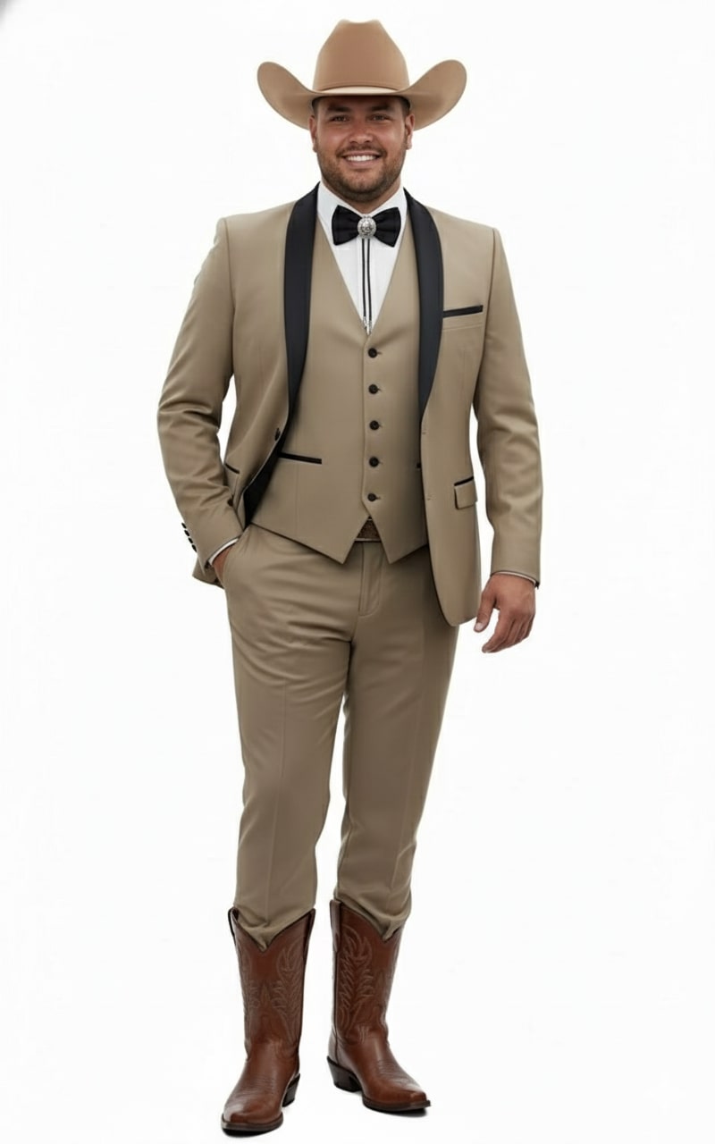 Tan cowboy tuxedo for men: three-piece suit with black lapel vest and beige pants. Fitted silhouette, detailed stitching.