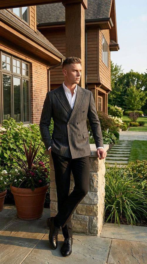 Mens Charcoal Gray Pinstripe Double Breasted Blazer Sport Coat – Classic Formal Business Jacket for Office and Smart Casual Wear