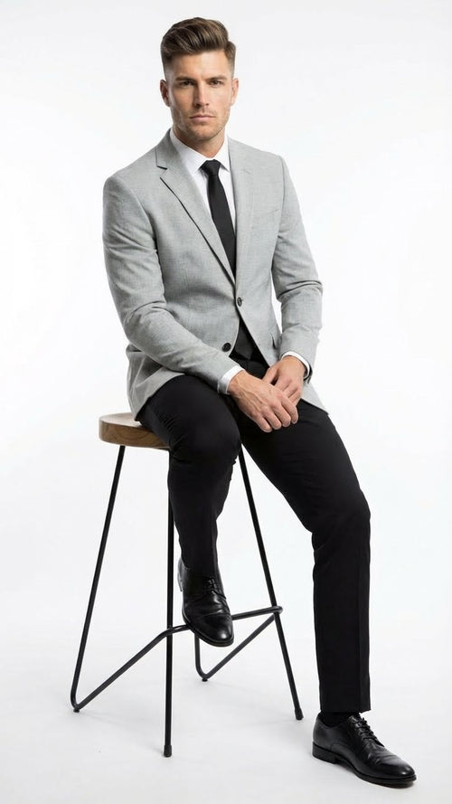 Light grey slim fit blazer with textured fabric, single-button closure, and notch lapels. Paired with black slim-fit pants and black dress shoes for a coordinated, contemporary look.