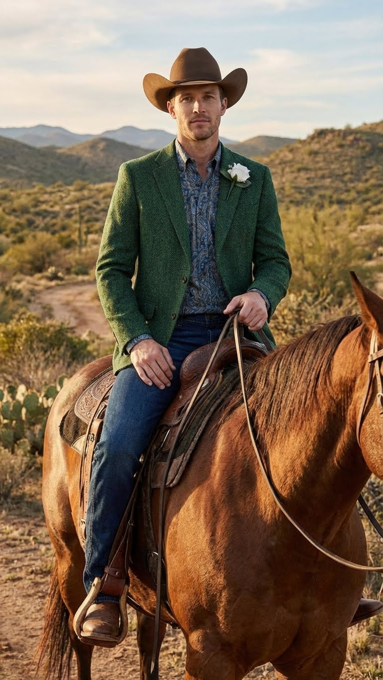 Mens Green Western Blazer Jacket – Classic Cowboy Style Sport Coat for Tweed Herringbone Country Look