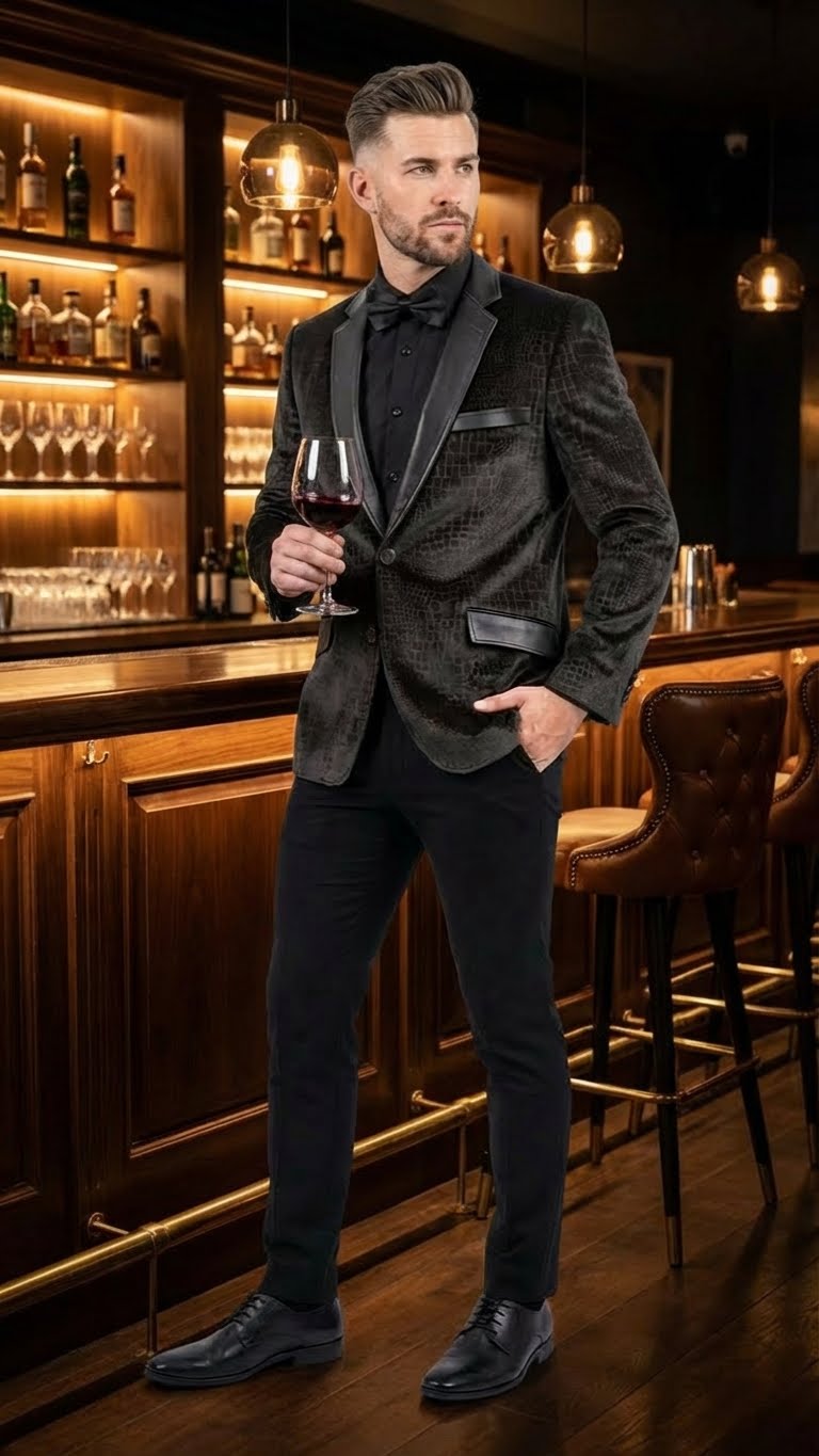 Men's dark blazer with reptile skin texture. Features a textured pattern, likely crocodile/alligator. Includes a satin black lapel and pockets.