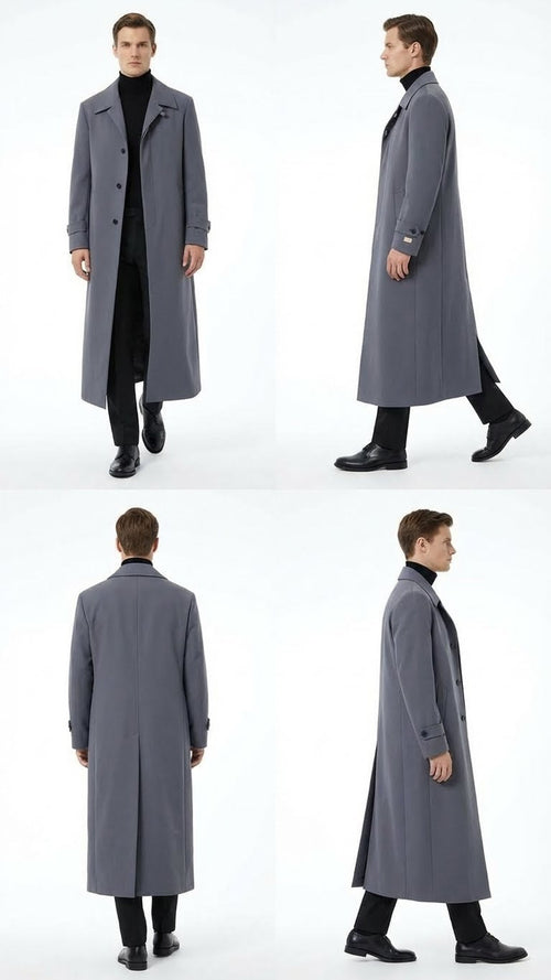 Alberto Nardoni charcoal grey men's overcoat. Full-length, straight cut, single-breasted with three buttons. Notched collar, button-cuff sleeves, slanted pockets, back vent. Tailored silhouette, durable material.