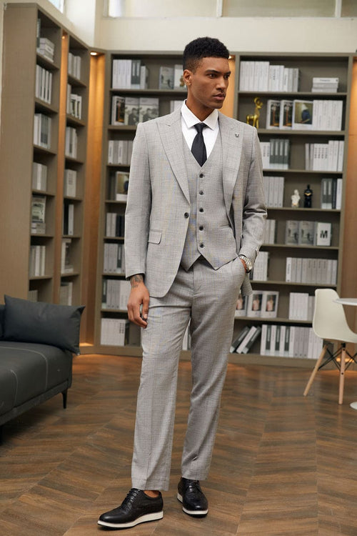 "Mens Stacy Adams Suit-Stacy Adam's Suit Men's Grey Windowpane Plaid Suit - One Button, Peak Lapel, Vested"