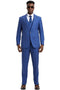 Men's Stacy Adams suit with blue windowpane plaid. Includes a double-breasted vest, structured jacket with gold buttons, and complementing trousers. Textured fabric in blue shades.