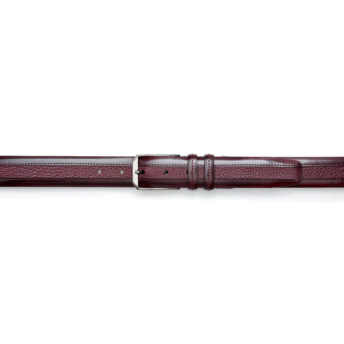 Burgundy Mezlan deerskin belt with smooth texture and visible stitching. Straight form, silver buckle. Adjustable with evenly spaced holes and a keeper.
