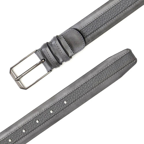 Mezlan gray deerskin belt. Smooth, subtly textured leather. Standard width. Rectangular metal buckle. Adjustable with multiple holes.