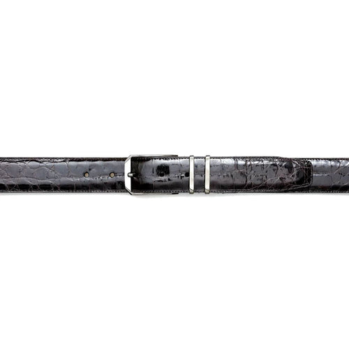 Mezlan crocodile belt: Dark brown, shiny finish with crocodile pattern. Silver rectangular buckle and two metal keepers. Sleek and stylish design.