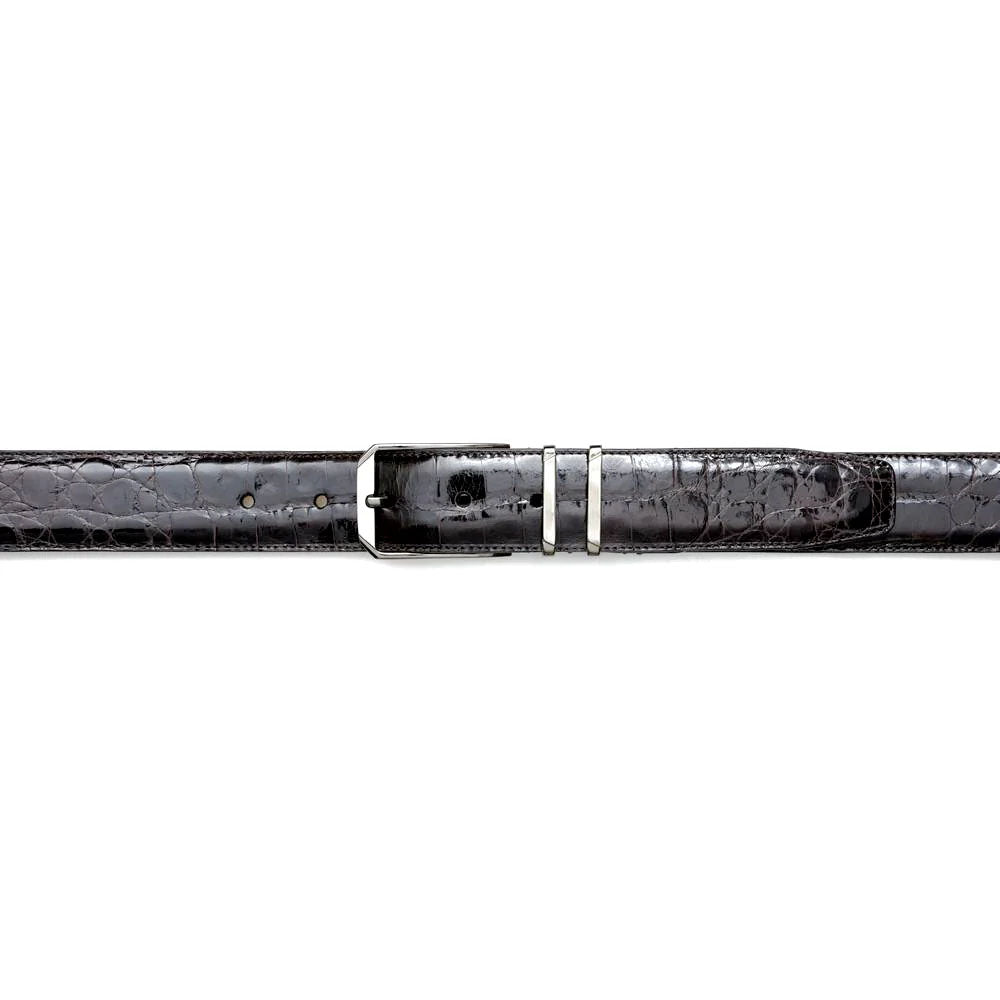 Mezlan crocodile belt: Dark brown, shiny finish with crocodile pattern. Silver rectangular buckle and two metal keepers. Sleek and stylish design.