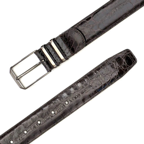 Brown Mezlan crocodile belt. Textured, shiny finish. Silver-tone buckle. Adjustable strap. High-quality crocodile leather.