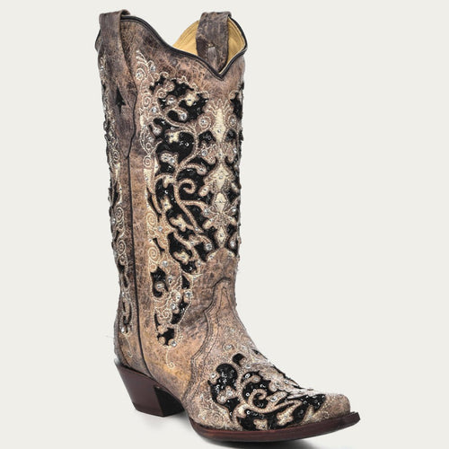 Corral women's black glitter inlay cowboy boots. Brown, distressed finish with intricate swirling patterns, crystal & glitter embellishments. Snip toe, stacked heel. Tall shaft, pull tabs.