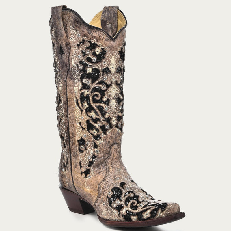 Corral women's black glitter inlay cowboy boots. Brown, distressed finish with intricate swirling patterns, crystal & glitter embellishments. Snip toe, stacked heel. Tall shaft, pull tabs.