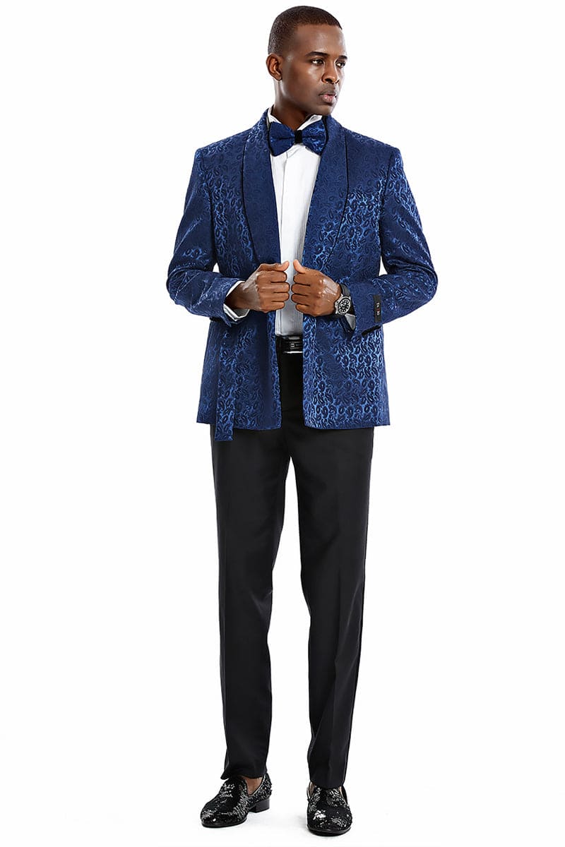 Navy Blue Paisley Men's Slim Fit Double Breasted Tuxedo Smoking Jacket for Prom 2026 & Wedding