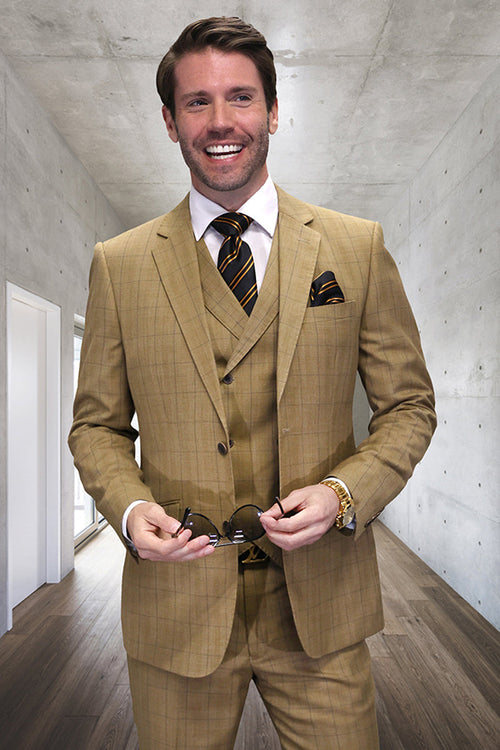 Bronze wool suit with windowpane plaid. Tailored blazer & vest. Structured fit. Two-button blazer, matching vest. Light bronze hue, designer quality.