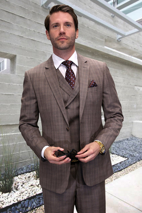Men's taupe wool suit with windowpane plaid. Tailored fit, notched lapel, single-breasted jacket, vest, and trousers. Includes pocket square and contrasting tie. Structured, designer look.