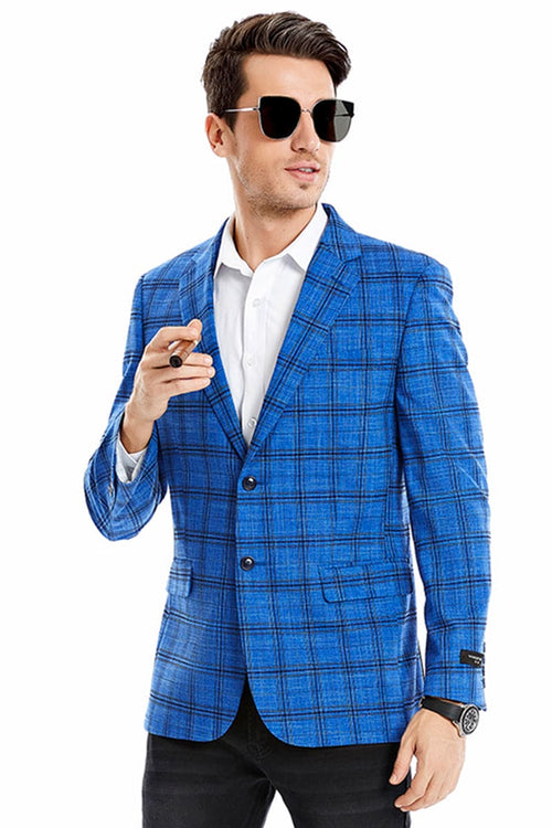 "Men's Slim Fit Glen Plaid Sport Coat - Two Button Royal Blue Blazer"