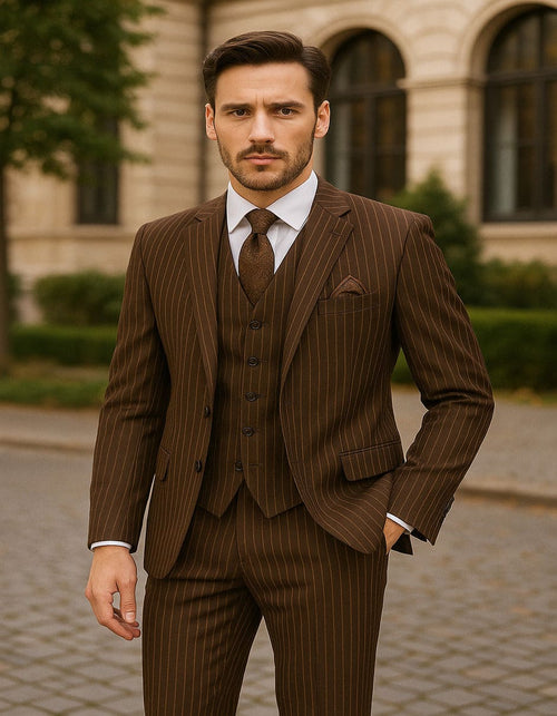 Men's Brown Pinstripe 3-Piece Suit with Matching Vest – Classic Fit Business and Formal Attire