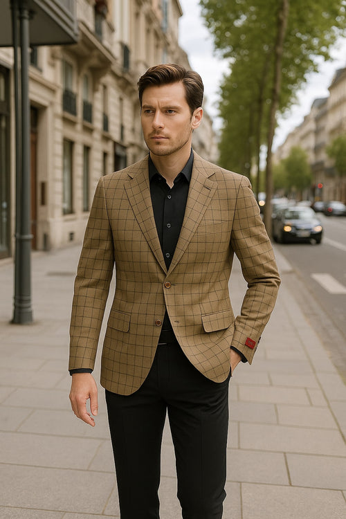 Men's Tan Plaid Blazer – Windowpane Checkered Taupe Colar with Conservative burgunsih Pattern Mix Perfect For Business