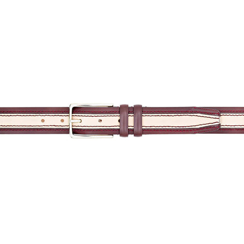 Mezlan two-tone leather belt. Red exterior with cream stripes, silver buckle. Contrasting stitching. Flat, wider center, tapering ends. Adjustable with keeper.