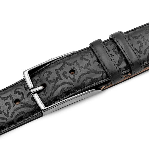 Black Mezlan belt: laser-printed calfskin with tonal designs. Silver rectangular buckle. Smooth, stitched-edge construction.