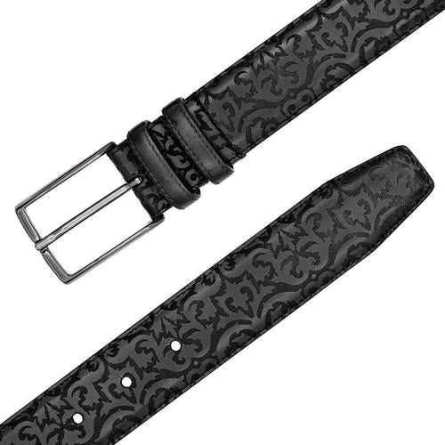 Mezlan black calfskin belt. Flat, wide strap with textured pattern. Laser-printed design. Adjustable with metal buckle. Refined appearance.