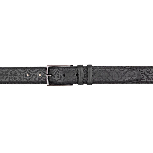 Black Mezlan calfskin belt with laser-printed pattern. Crafted from calfskin leather, it features a silver-tone metal buckle and fastening loops.