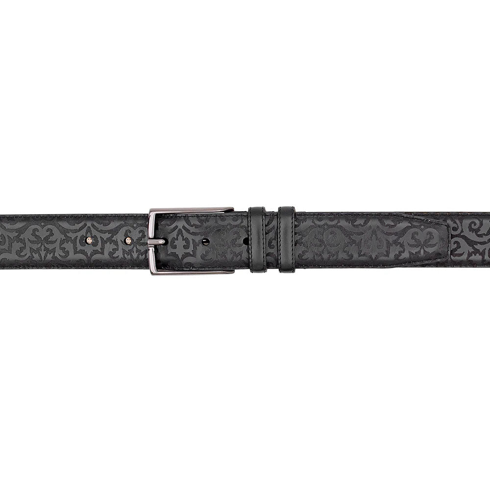 Black Mezlan calfskin belt with laser-printed pattern. Crafted from calfskin leather, it features a silver-tone metal buckle and fastening loops.